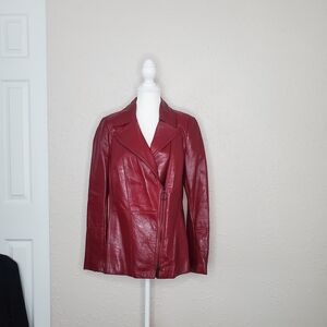Akris Punto Deep Red Lacquered Lambskin Leather Bomber Jacket